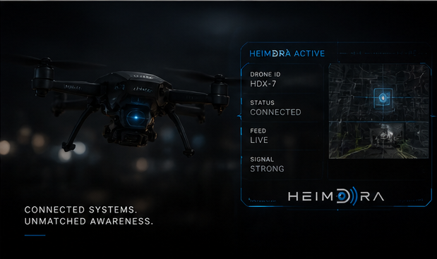 HEIMDRA reconnaissance drone with HUD overlay